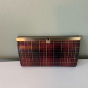Patricia Nash Cauchy Frame Clutch Wallet Gold Foil Red Tartan Plaid Preowned